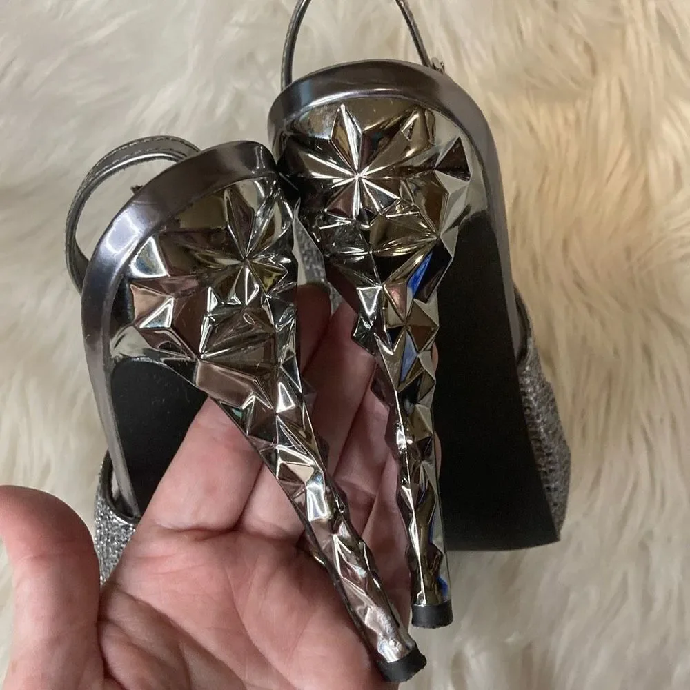 Silver Metallic Peep-Toe Slingback High Heels